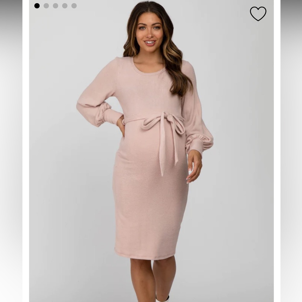 Pink soft brushed waist tie bubble sleeve maternity dress
